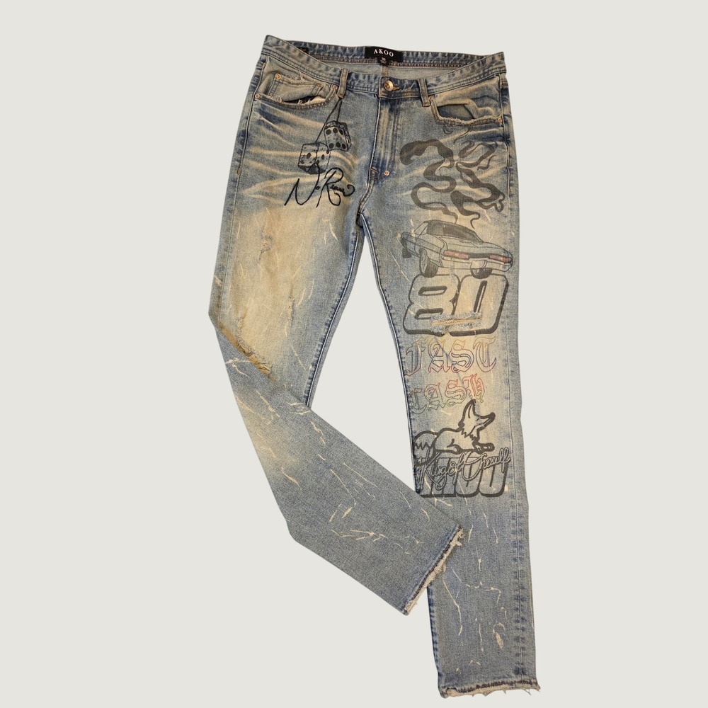 AKOO Mens No Rivals Graphic Distressed Slim Jeans Light Wash Blue Size 36 x 32